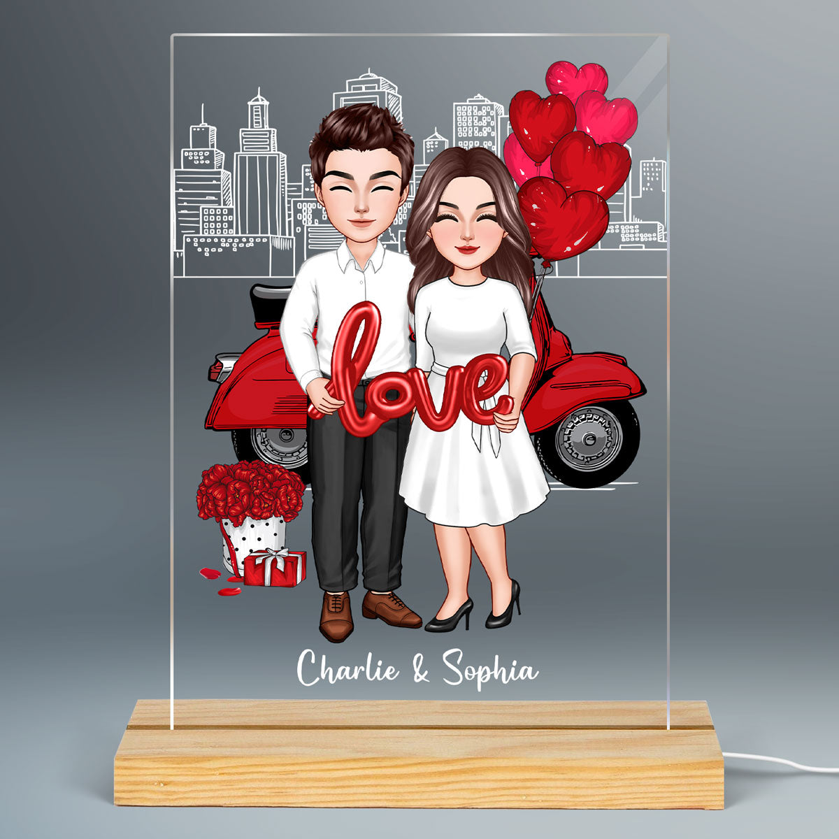Couple Holding Love Balloon Valentine‘s Day Gift Personalized Rectangle Acrylic LED Night Light