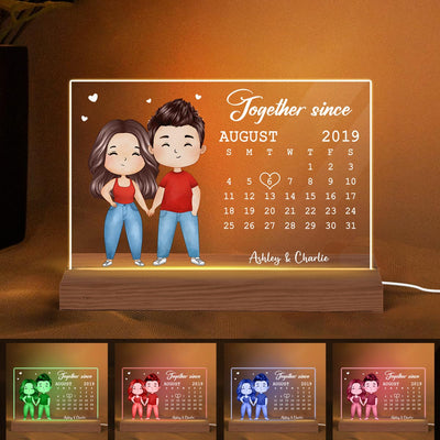 Cartoon Chibi Couple Anniversary Date Calendar Rectangle Personalized Custom Shape Acrylic Plaque With LED Night Light - Anniversary Gift For Couple - Gift For Him - Gift For Her
