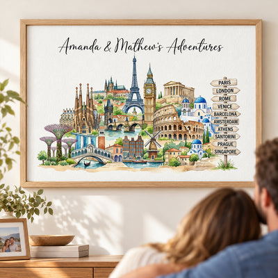 Watercolor Travel Destinations The Places You've Been - Personalized Poster - Traveling Destination Wall Art, Home Decor Gift For Traveling Lovers