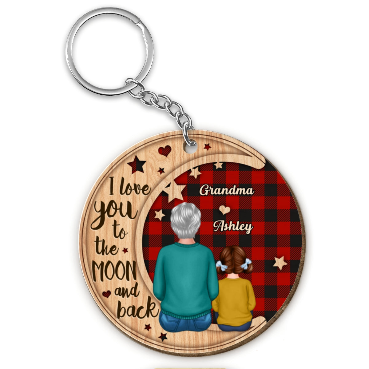 Checkered Pattern Grandma Grandkid On Moon Gift For Grandma Granddaughter Grandson Personalized Wooden Keychain