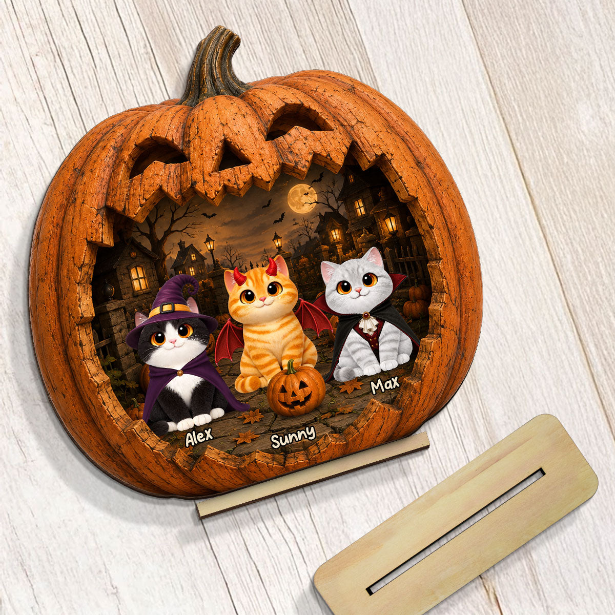 Spooky Halloween Pumpkin Cats - Personalized 2-Layered Wooden Plaque - Halloween Decor For Cat Lovers