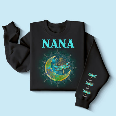 Grandma Mom Moon Mandala Dragonflies Personalized Sleeve Printed Sweatshirt