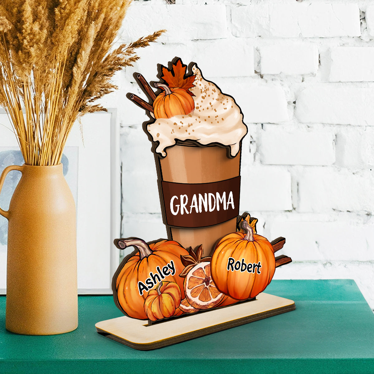 Grandma Mom Pumpkin Spice Latte Personalized 2-Layer Standing Wooden Plaque, Fall Season Gift For Grandma