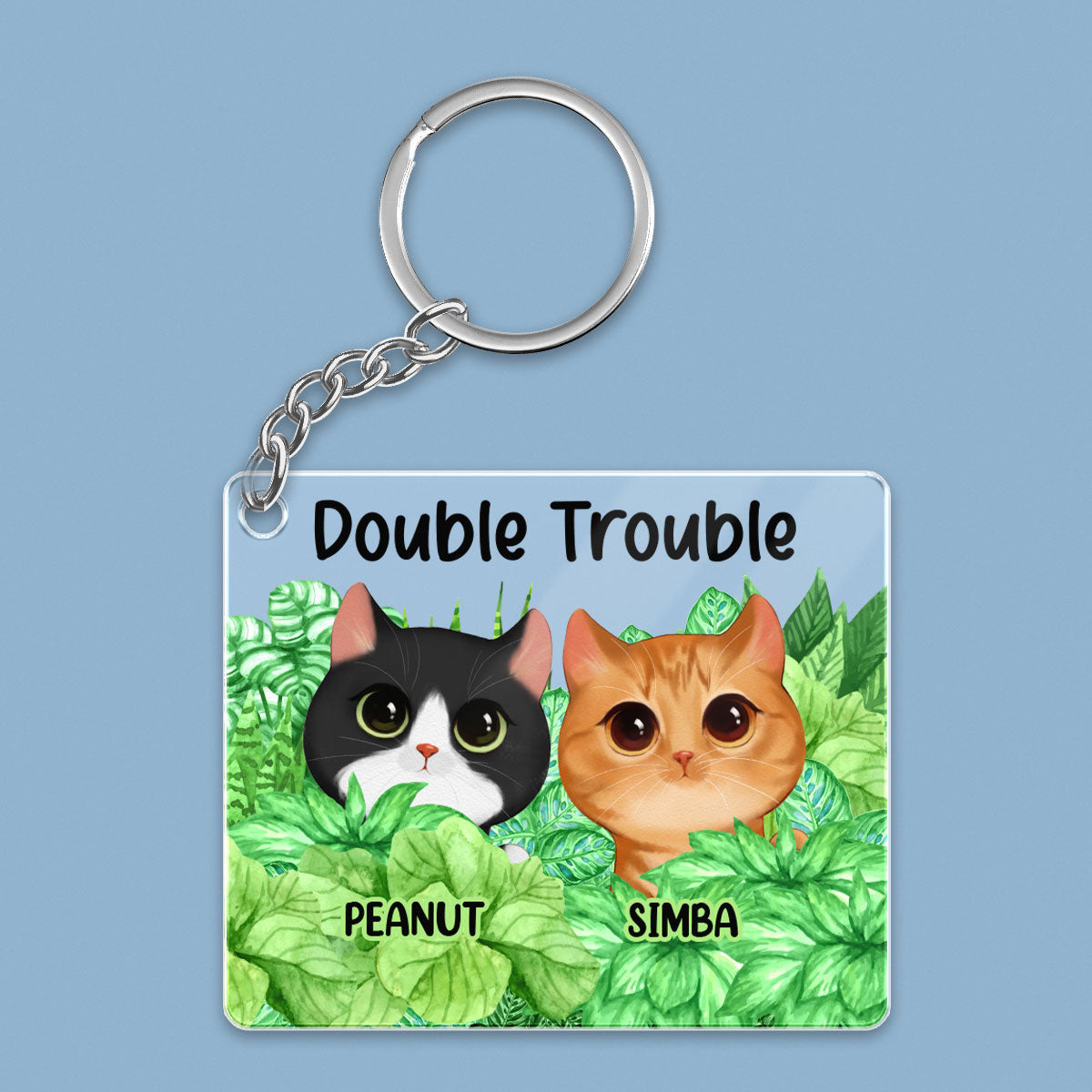 Double Trouble Watercolor Cute Cats Peeking Plant Leaves Personalized Acrylic Keychain