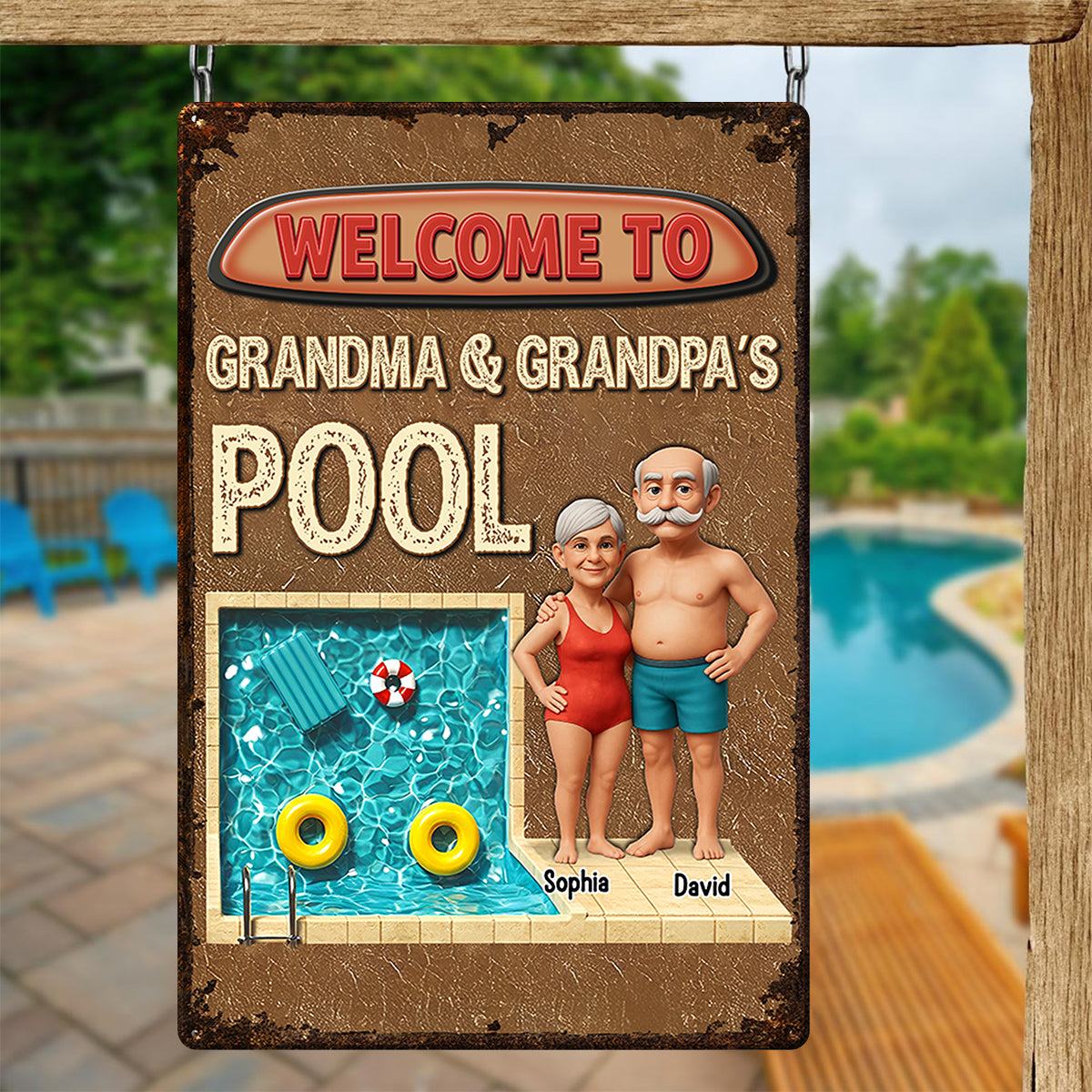 3D Effect Welcome To Grandma Grandpa Pool Personalized Metal Sign
