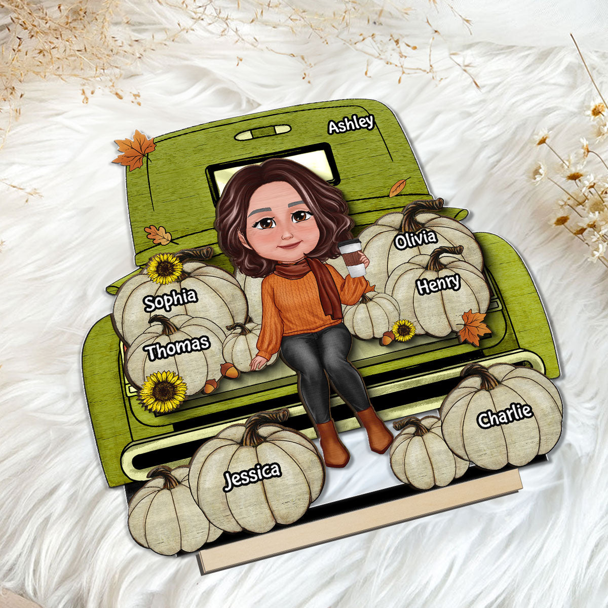 Grandma Fall Season Truck Personalized 2-Layer Standing Wooden Plaque, Fall Season Tier Tray Decoration