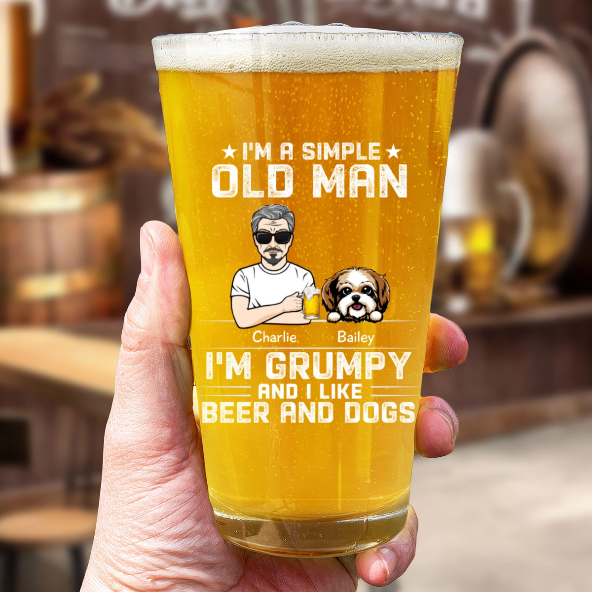 Simple Old Man Grumpy Like Dogs & Beer Dog Lover Beer Lover Gift Personalized Beer Glass