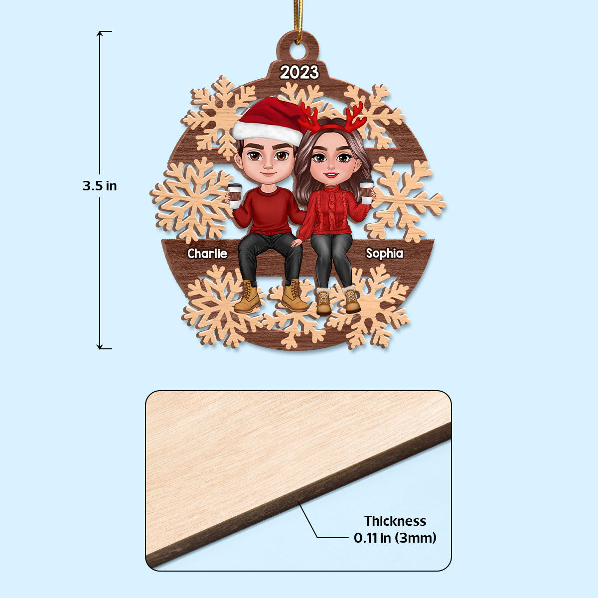 Snow Flake Christmas Couple Sitting Personalized Wooden Ornament