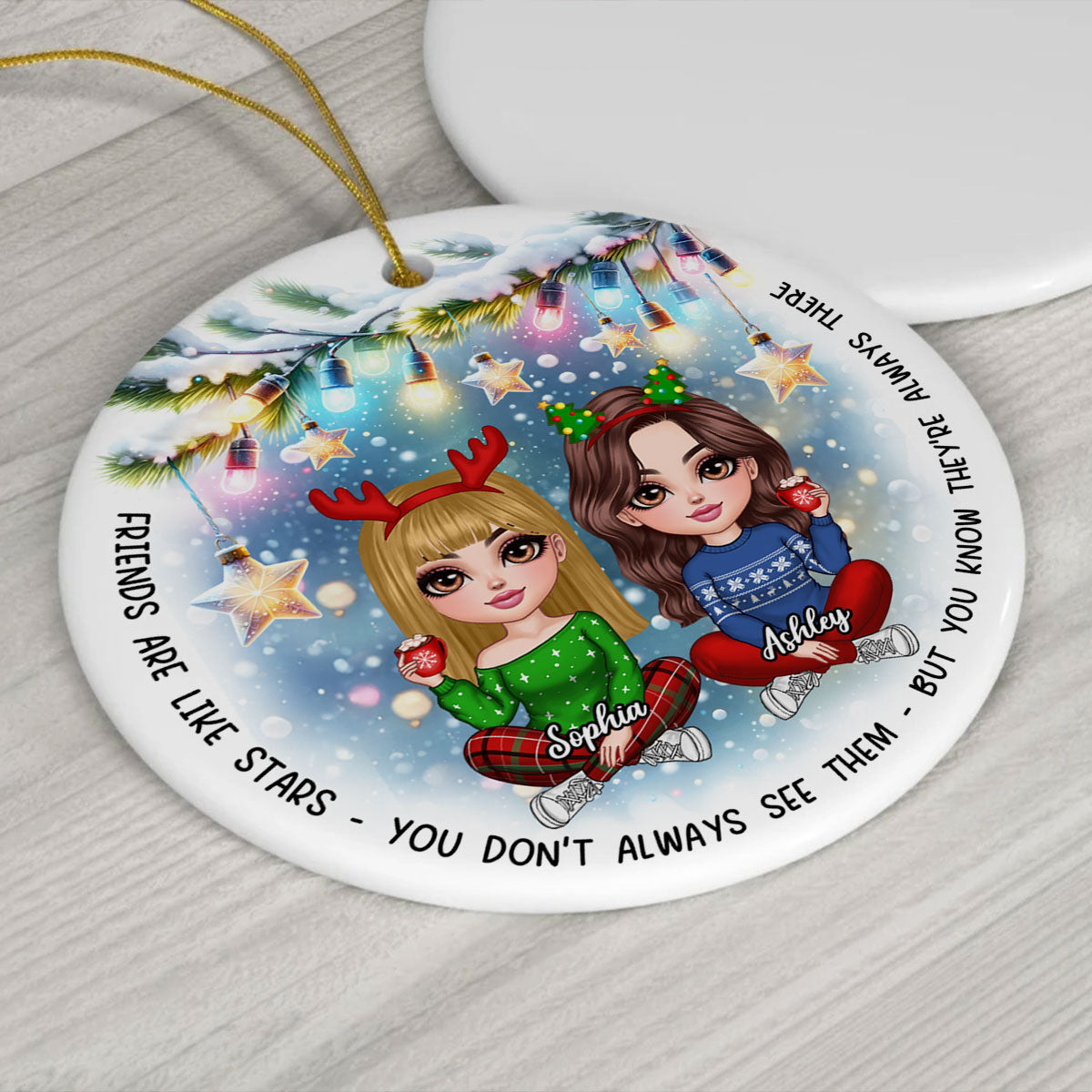 Besties Christmas Tree Light Star Personalized Circle Ceramic Ornament