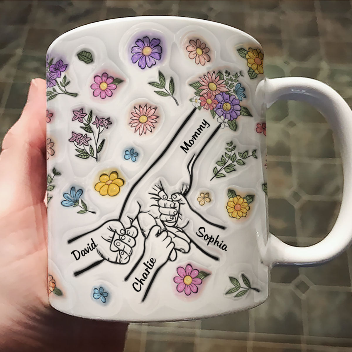 3D Inflated Effect Mother Children Hands Personalized Mug, Heartfelt Gift for Mom