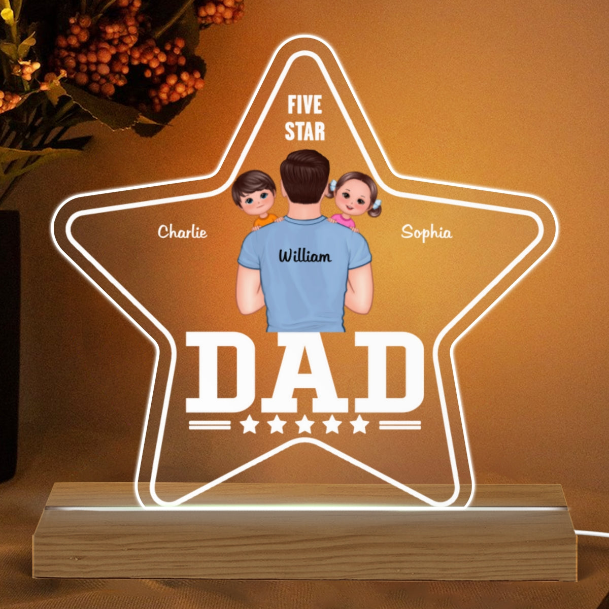 Five - Star Dad Carrying Kids On Shoulder Personalized Warm Acrylic Custom Shape LED Night Light