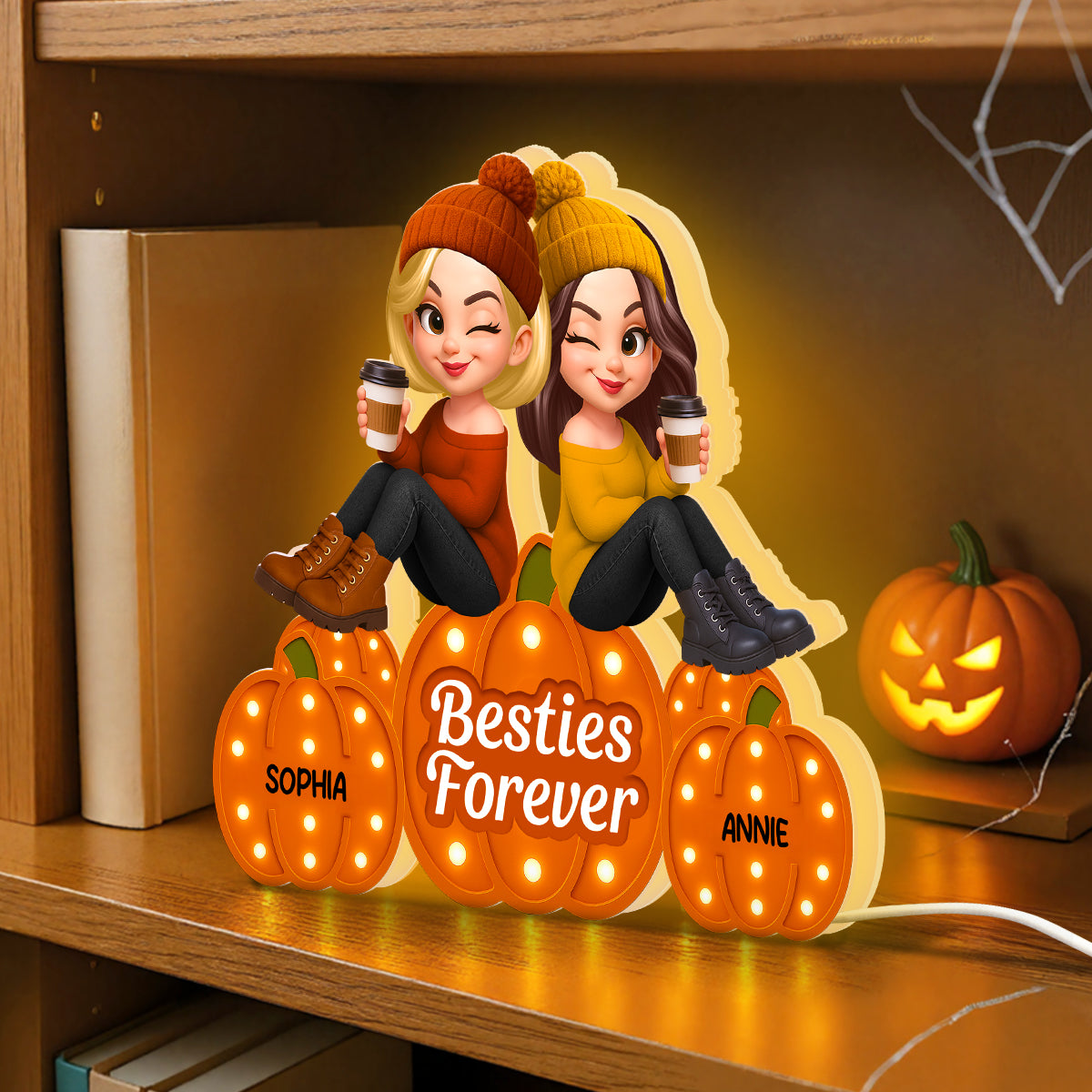 Fall Season Besties Sitting On Marquee Pattern Texture Pumpkins Personalized LED Light Box, Fall Gift For Best Friends