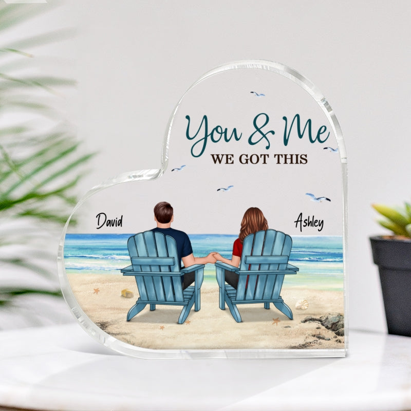 Back View Couple Sitting Beach Landscape Personalized Heart Acrylic Plaque
