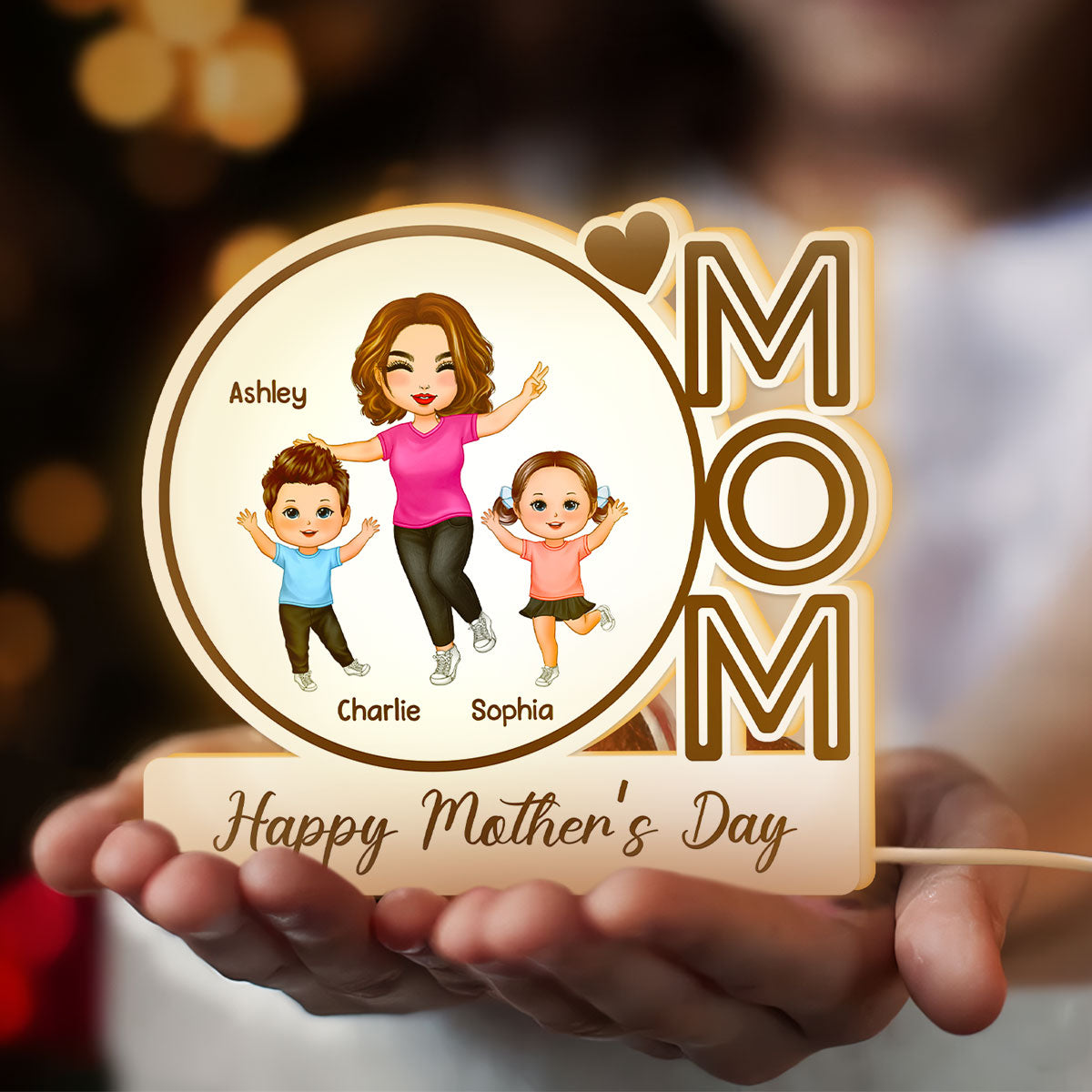 MOM We Love You Happy Woman & Kids Personalized Light Box