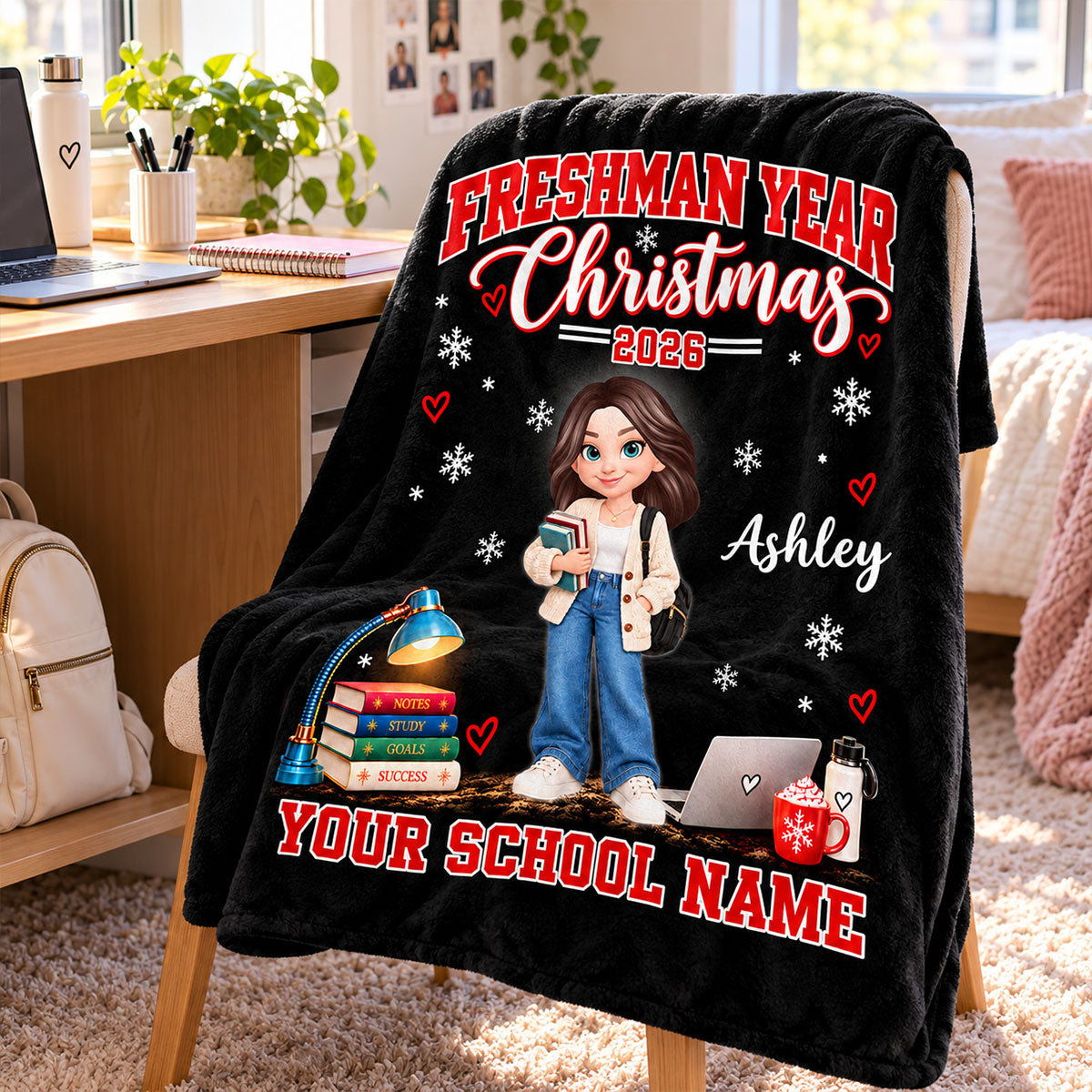 Freshman Year Christmas Custom Name & School Name - Personalized Fleece Blanket - Christmas Gift For College Freshman, Boy, Girl, Grandkids, College Students