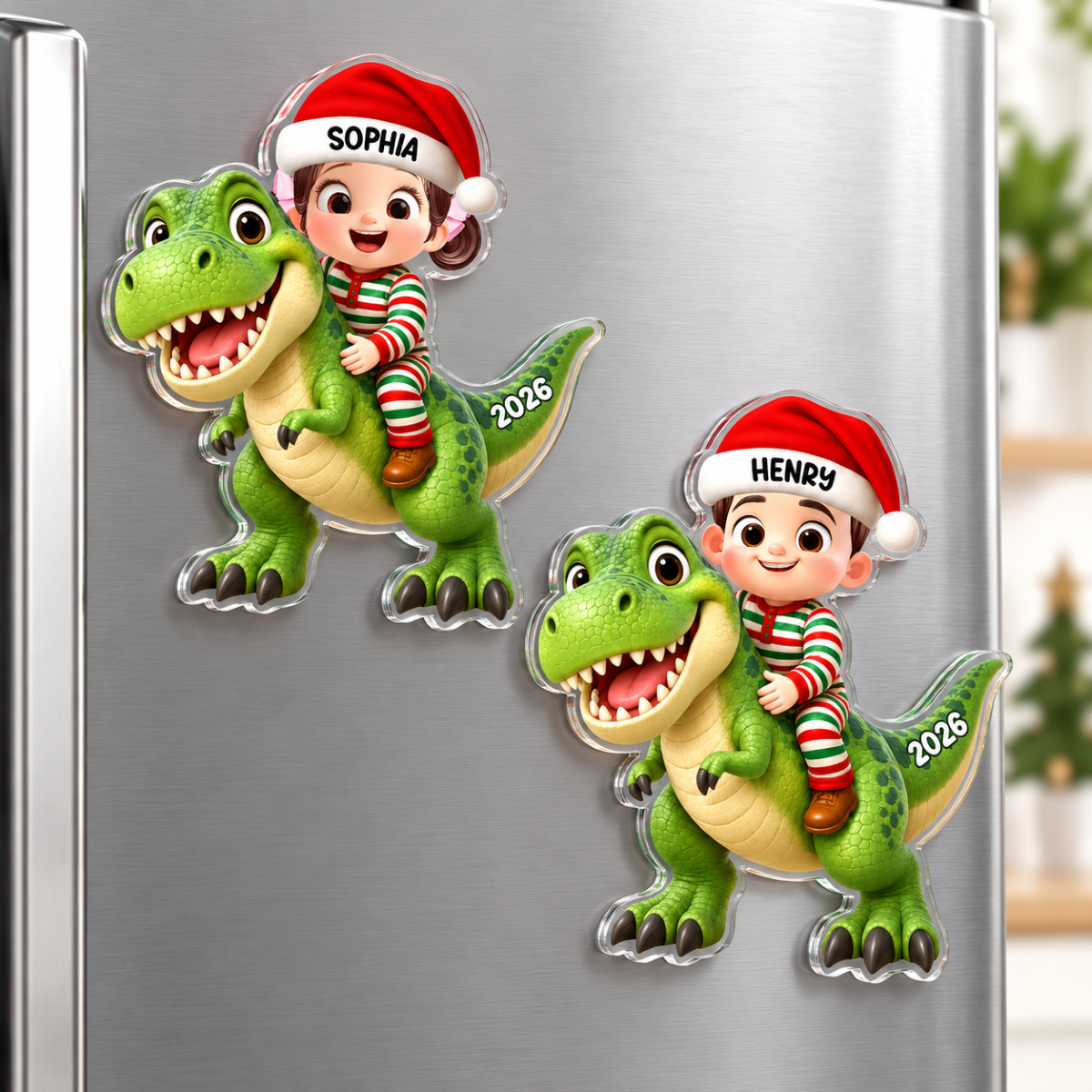 Trending Kid With Dinosaur Design For Boy Girl - Personalized Acrylic Fridge Magnet - Christmas Gift For Grandkids