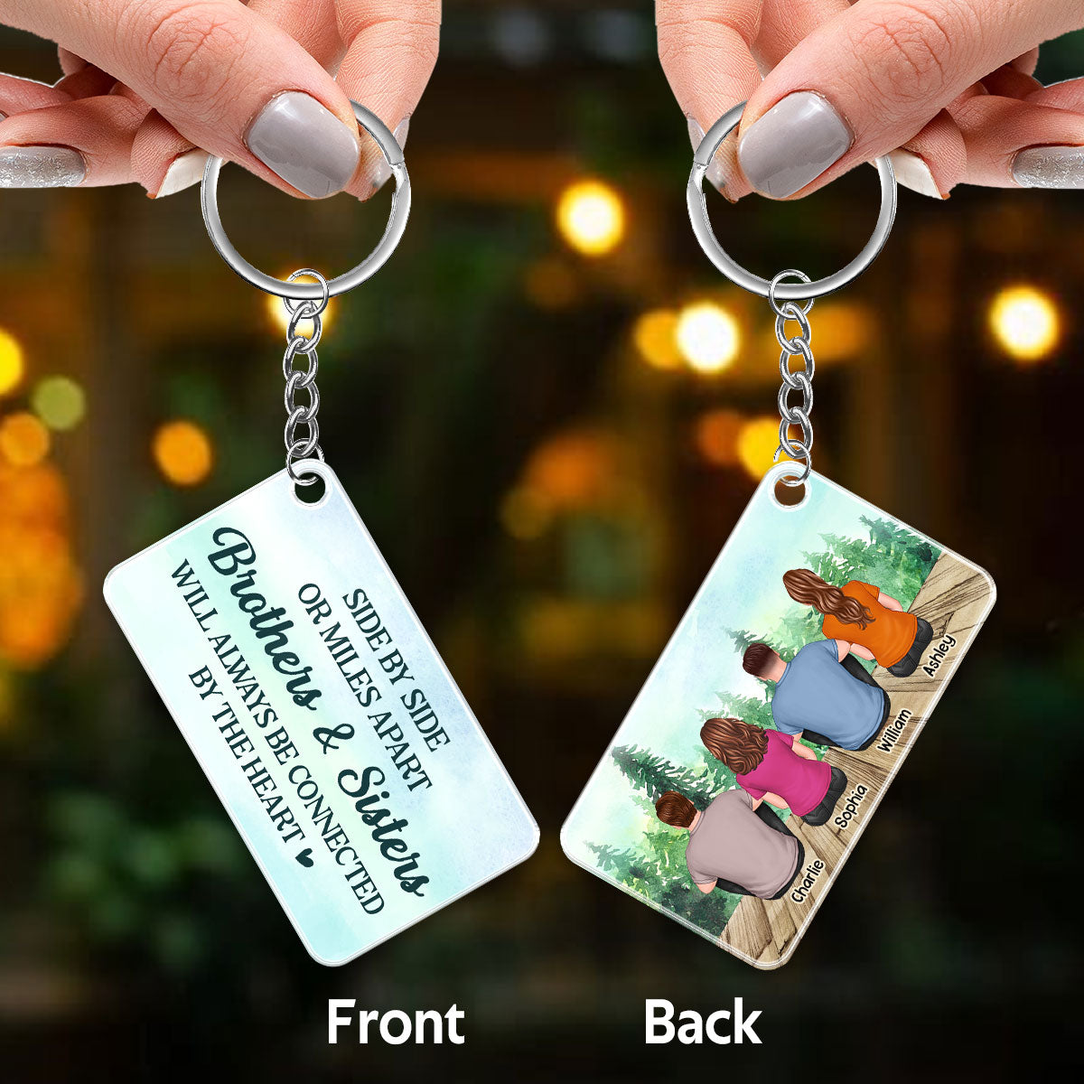 Back View Brothers And Sisters Sitting Forest Gift For Siblings Personalized Acrylic Keychain