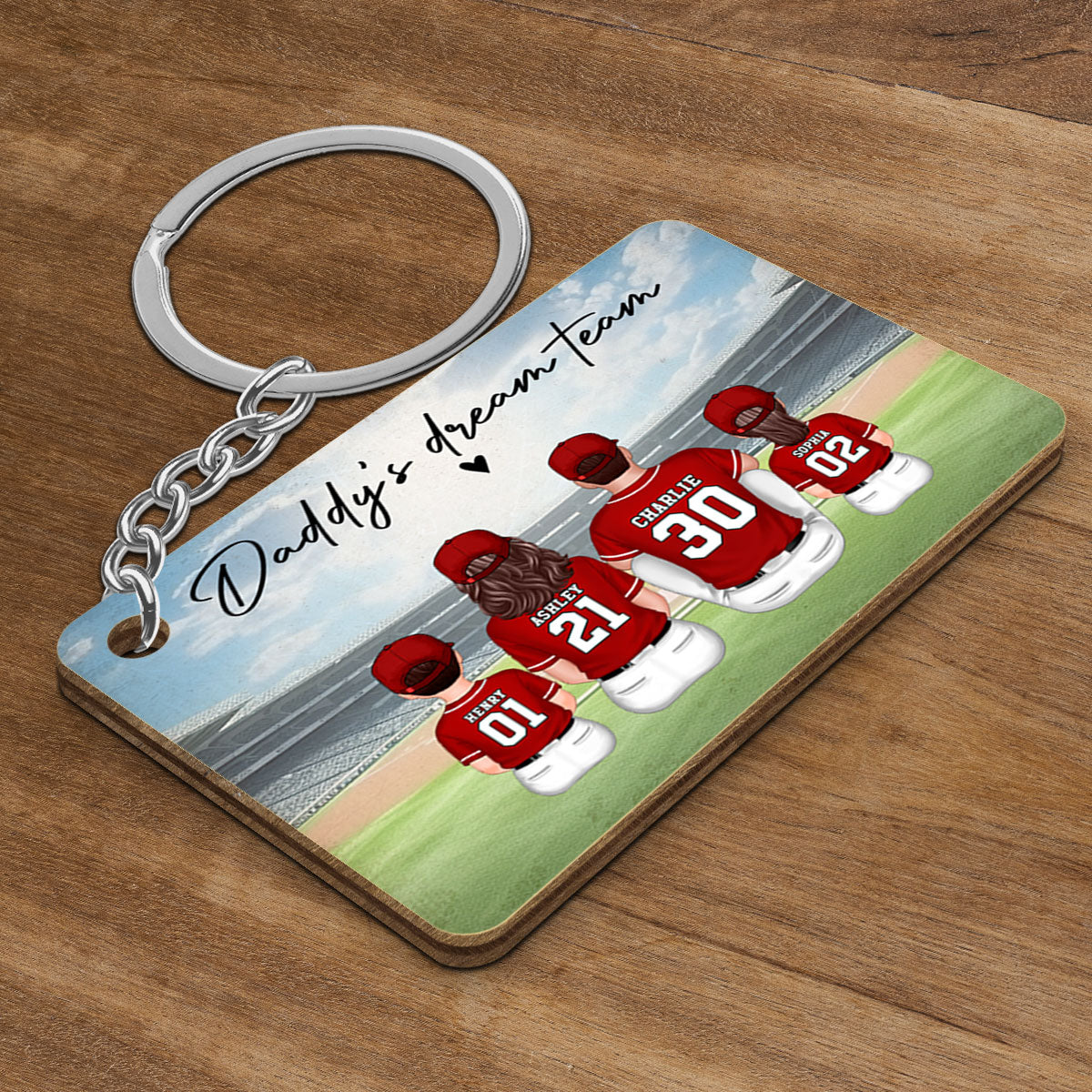 Daddy's Team Baseball Family Sitting Personalized Wooden Keychain, Father's Day Gift For Dad, Grandpa, Husband