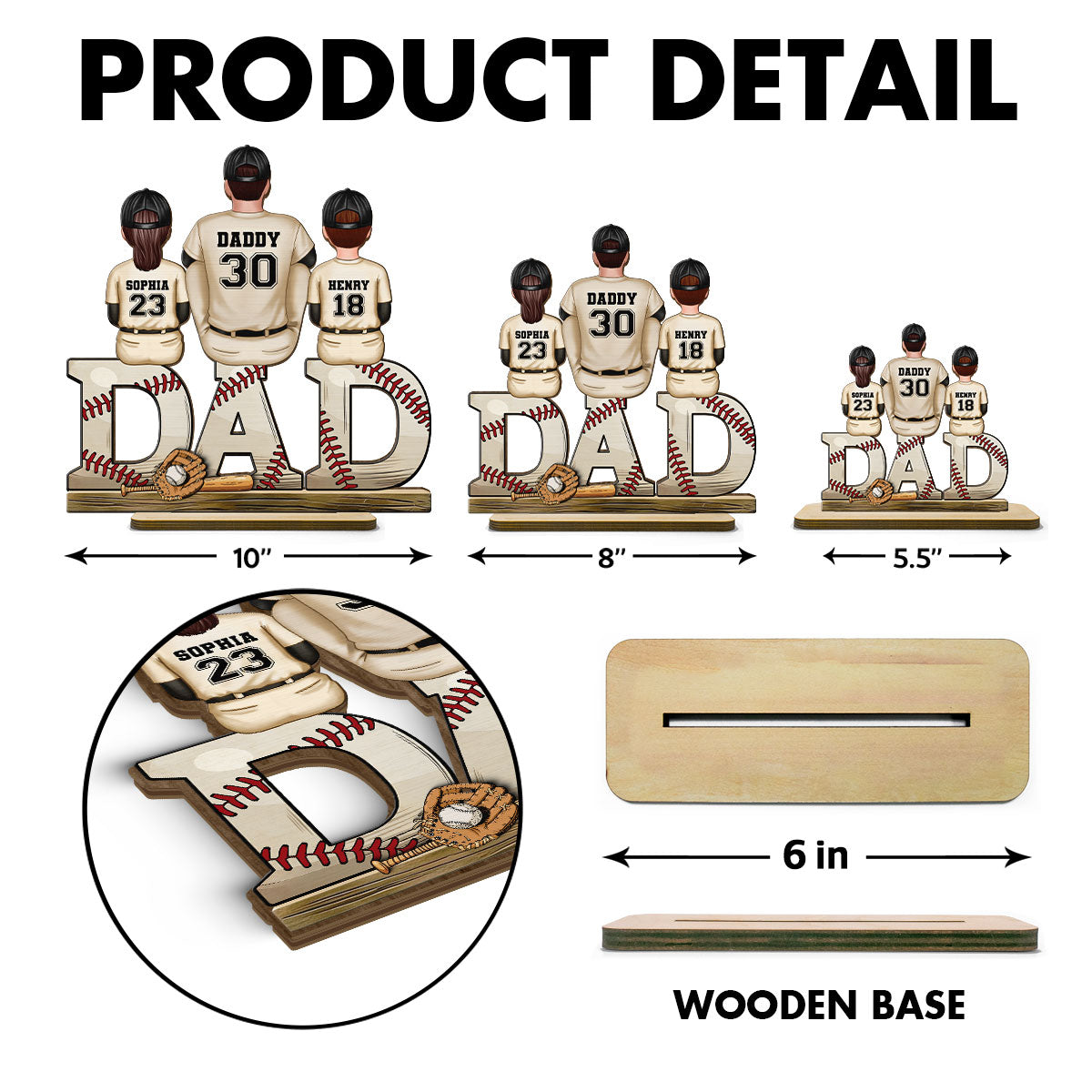 Baseball Dad Family Sitting Back View Personalized Standing Wooden Plaque, Father's Day Gift for Dad, for Grandpa, for Husband