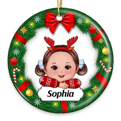 Cute Doll Kids Laying Head On Arms Inside Christmas Wreath Personalized Circle Ornament
