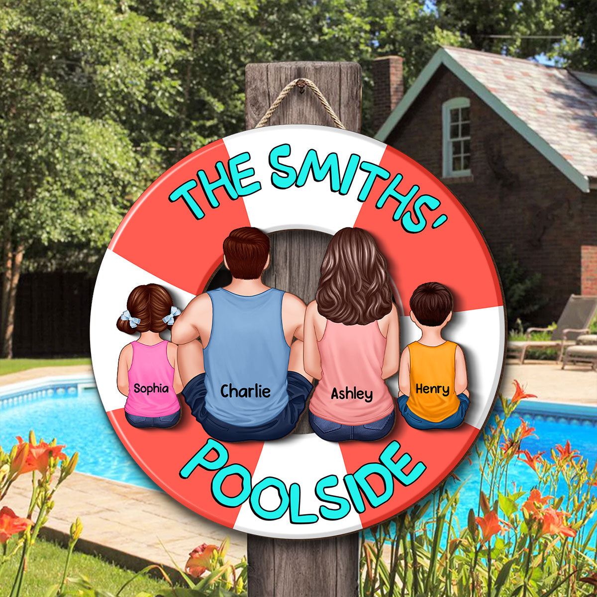 Family Sitting Back View Poolside Swimming Float Personalized 2-Layer Wood Sign