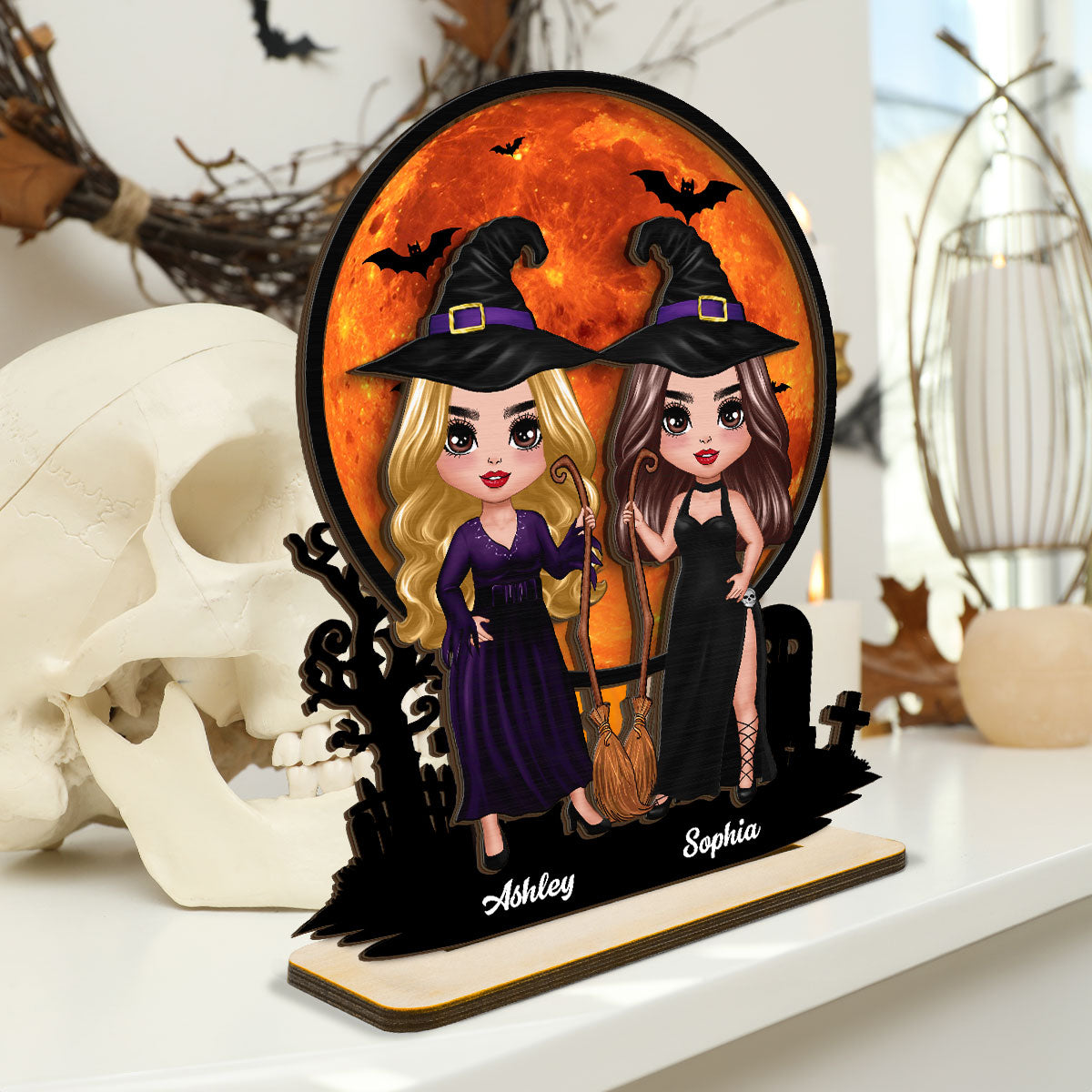 Witch Besties Halloween Moon Tabletop Tier Tray Wicca Pagan Decor Personalized 2-Layer Standing Wooden Plaque