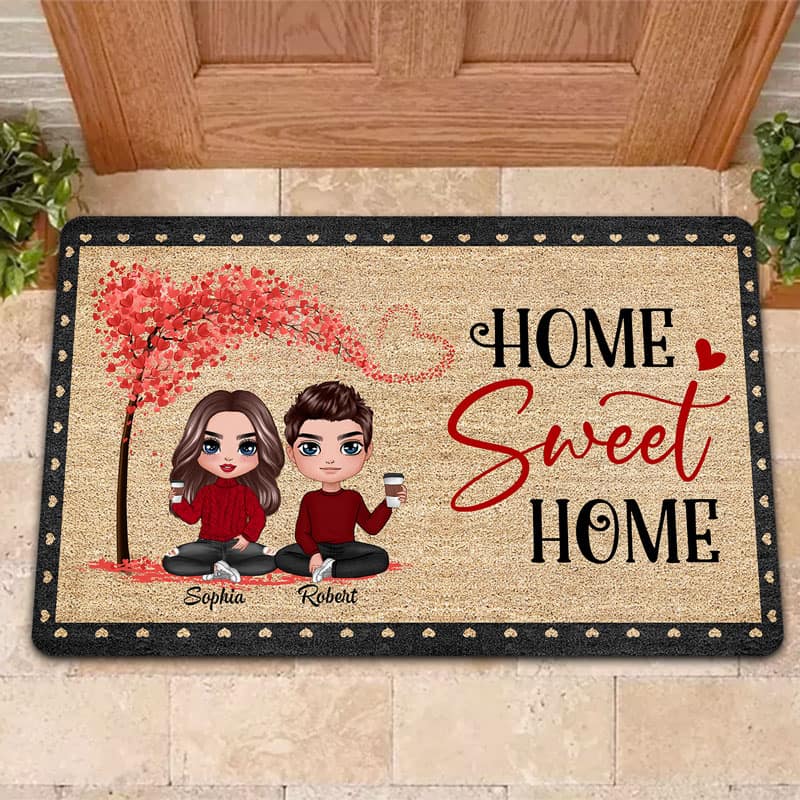 Home Sweet Home Doll Couple Under Heart Tree Personalized Doormat