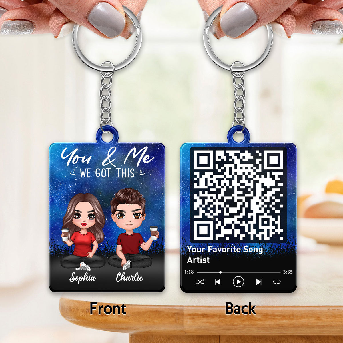 Doll Couple Sitting Under Starry Night Favorite Song QR Code Personalized Acrylic Keychain