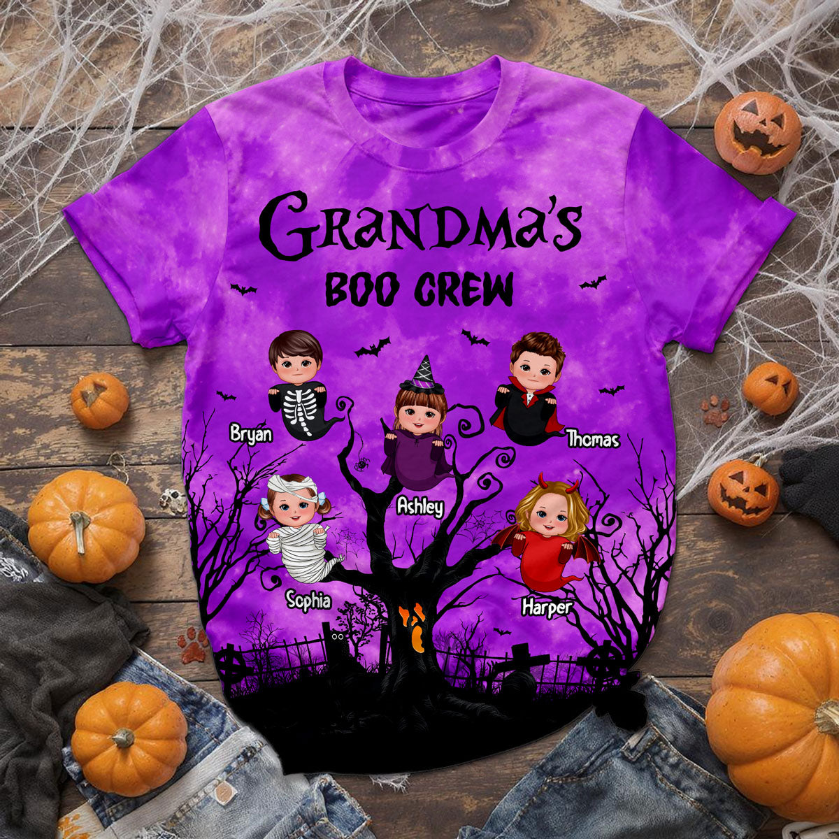 Grandma's Boo Crew Moon Bat Tree Theme Personalized Shirt, Perfect Halloween Costume for Grandma