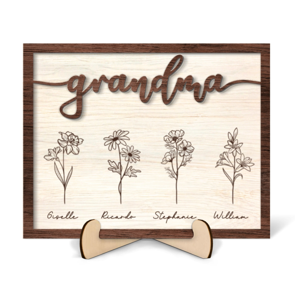 Rustic Grandma Flowers Personalized 2-Layer Wooden Plaque