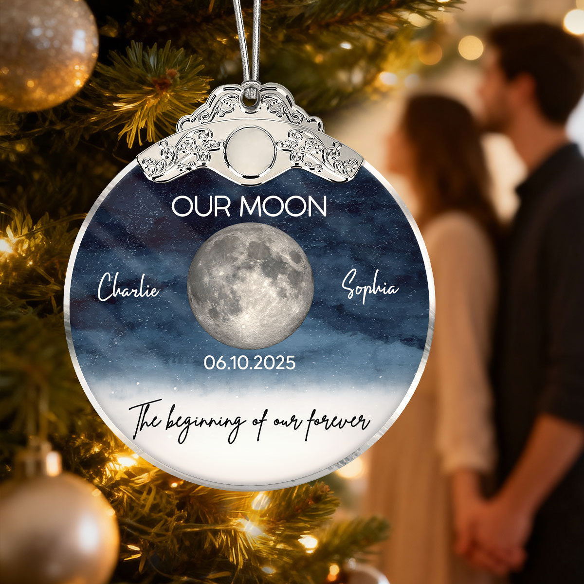 Starry Night Moon Phase Couple The Beginning Of Our Forever - Personalized Glass Ornament With Silver Cap