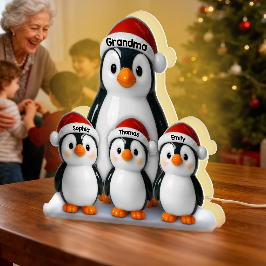 3D Effect Cute Christmas Penguins Grandma & Grandkids - Personalized Light Box