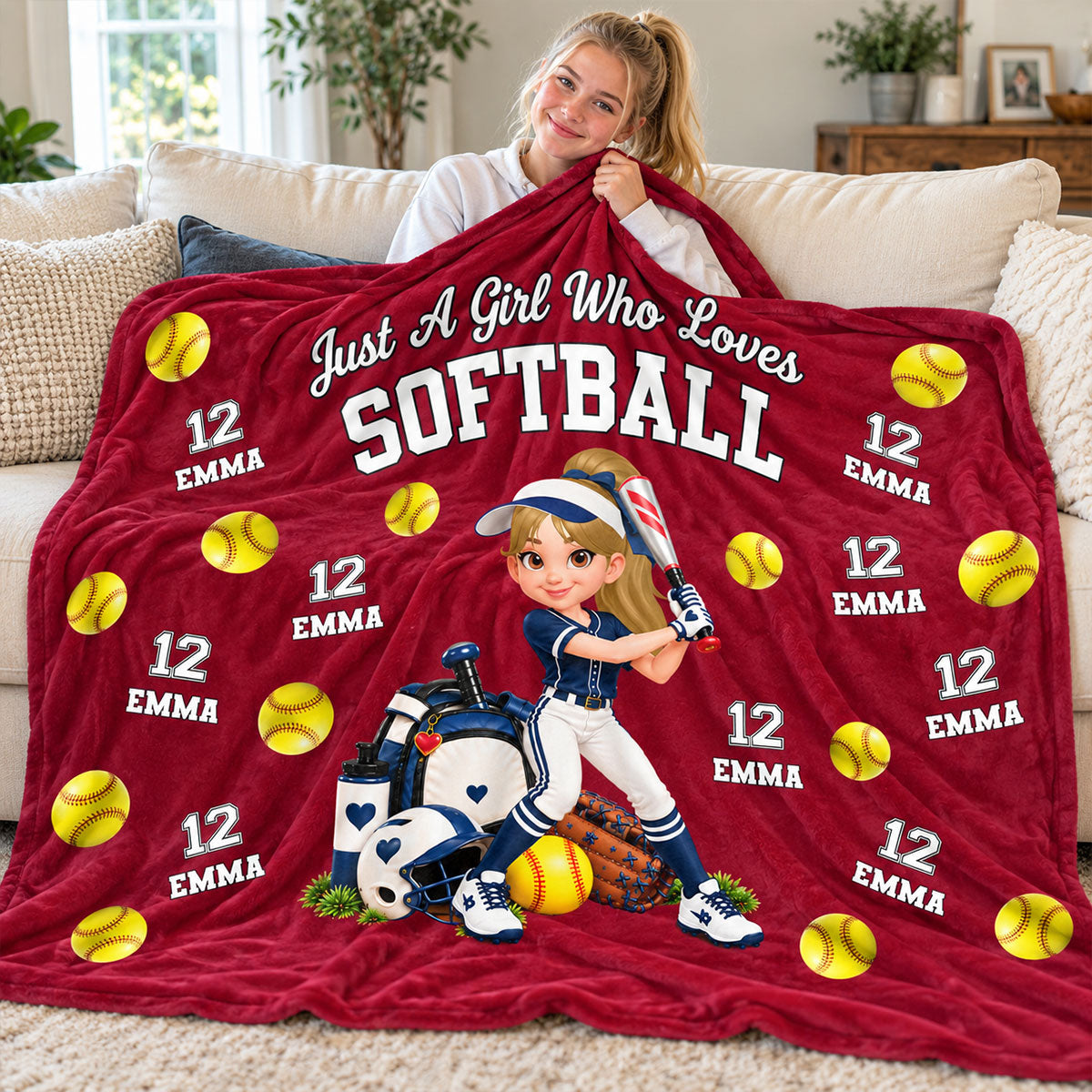 Just a Girl Who Loves Baseball Softball - Personalized Fleece Blanket - Christmas Gift for Daughter, Granddaughter
