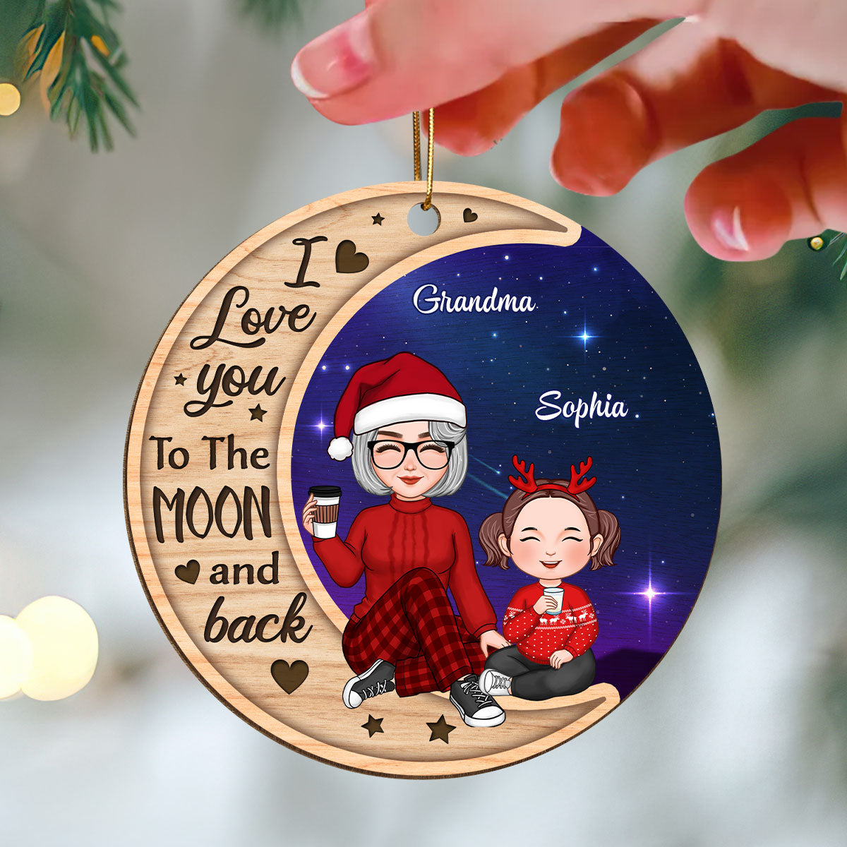 Galaxy Background Cute Grandma Grandkids Personalized Wooden Ornament