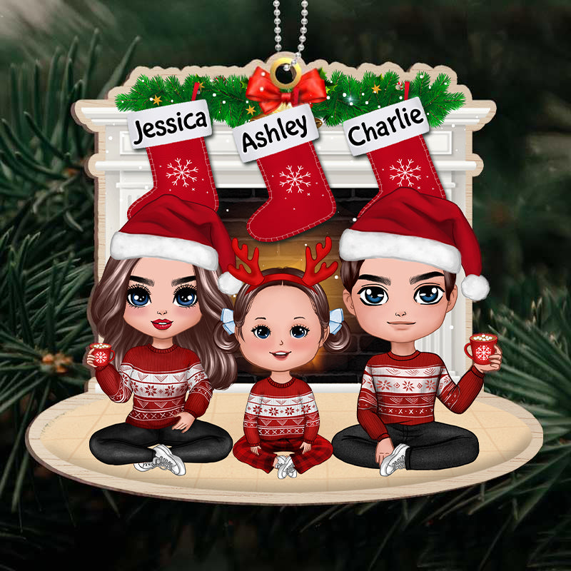 Doll Family Sitting At Fireplace Personalized Wooden Ornament
