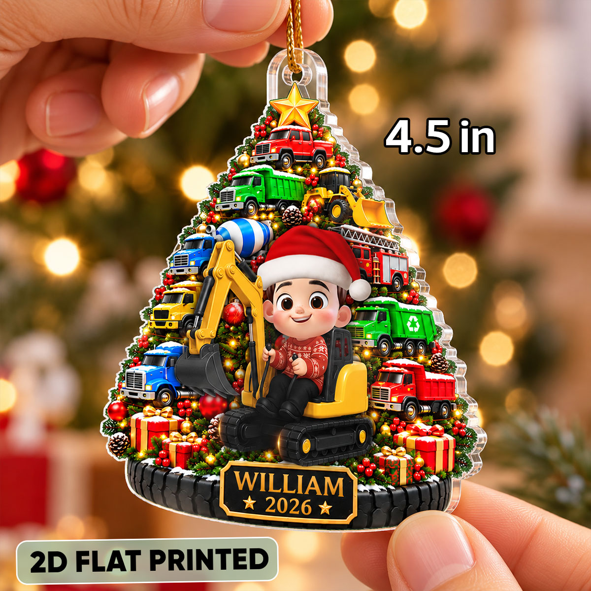 Construction Trucks Christmas Tree 2D Flat – Personalized Acrylic Ornament – Christmas Gift For Boys
