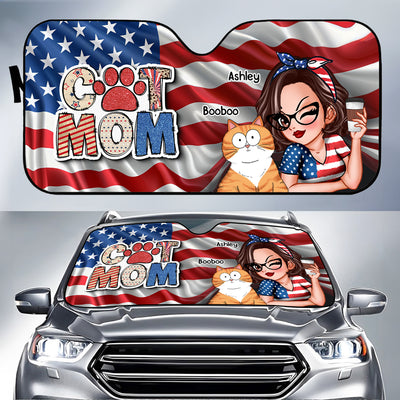 Cat Mom 4th of July America Sparkly Pattern Personalized Car Sunshade, Independence Day
