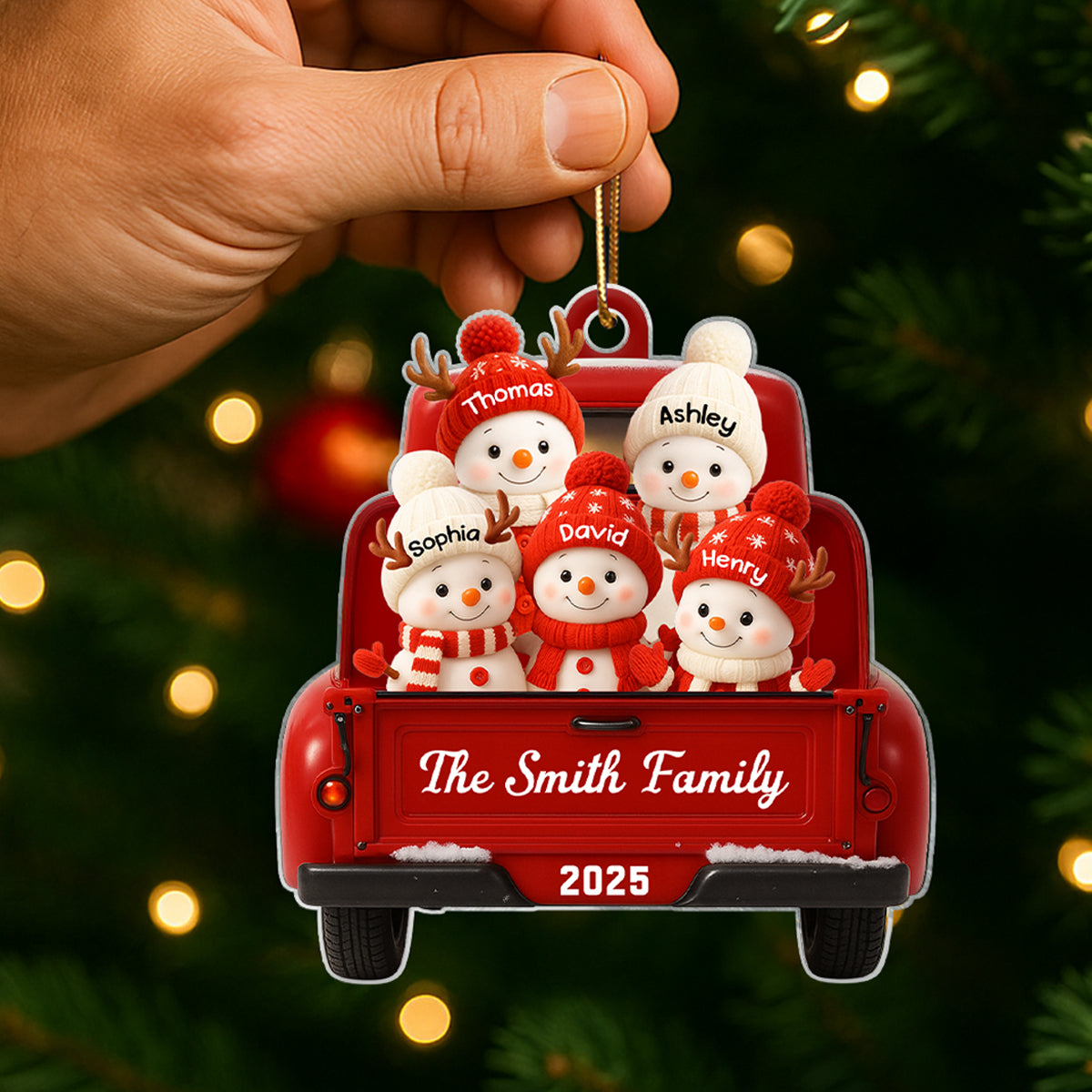 Family Snowman on Christmas Truck Personalized Acrylic Ornament, Red Truck Christmas Gift for Family