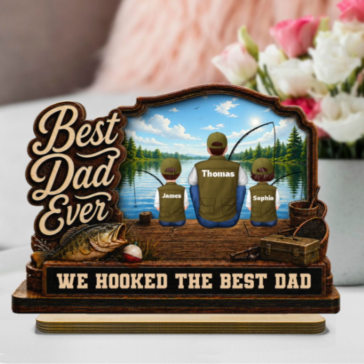 We Hooked The Best Dad Papa Fishing Man & Kids Back View 2D Flat - Personalized 2-Layered Wooden Plaque - Father's Day Gift For Hunting Dad, Grandpa