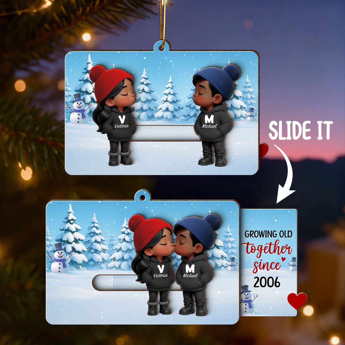 3D Effect Cartoon Couple Kissing - Personalized Slider Ornament - Christmas Gift For Him For Her