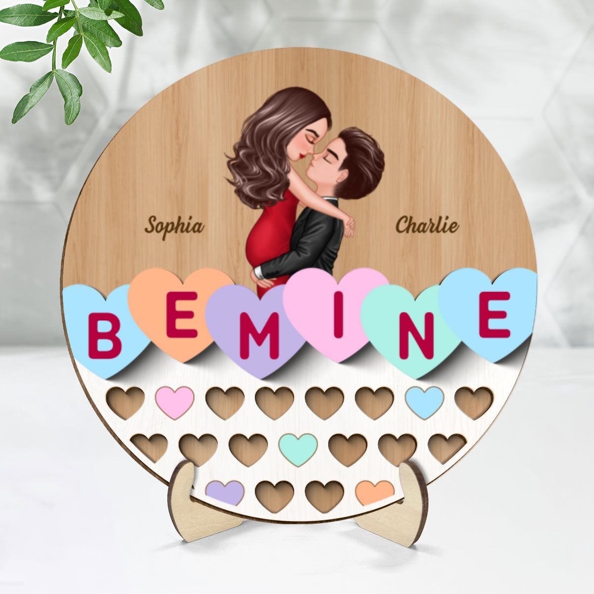 Be Mine Conversation Heart Couple Kissing Personalized 2-layer Wooden Plaque, Gift For Him, For Her