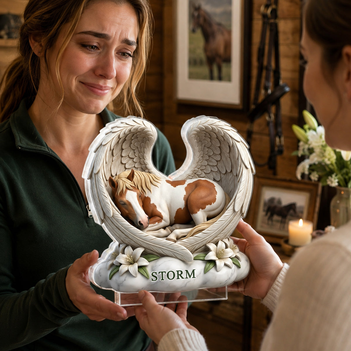 Custom Horse Angel Wings Statue - Personalized Acrylic Block Plaque - Heartfelt Pet Memorial Gift