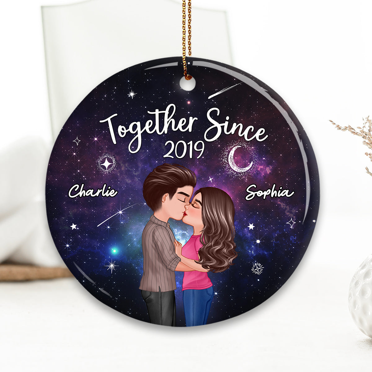 Christmas Doll Couple Kissing In Galaxy Night Personalized Circle Ornament