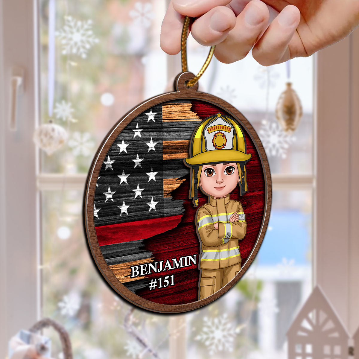 Half Flag Police Firefighter Nurse Personalized 2-Layer Wooden Ornament