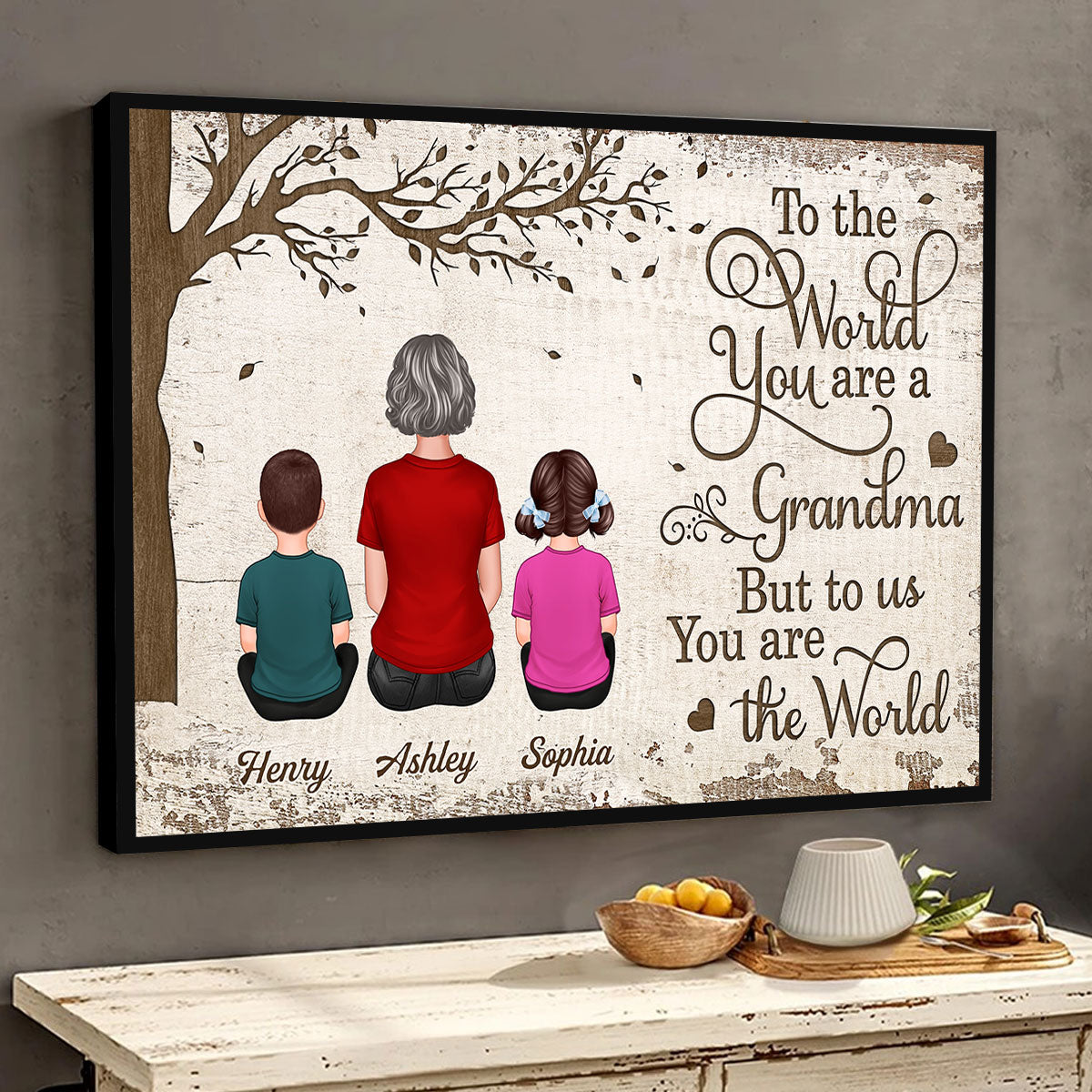 Back View Grandma Grandchildren Sitting Under Tree Mother‘s Day Gift For Grandma Personalized Horizontal Poster