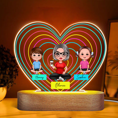 Hearts Outline Doll Grandma Mom And Grandkids Sitting Personalized Heart Acrylic Plaque LED Night Light