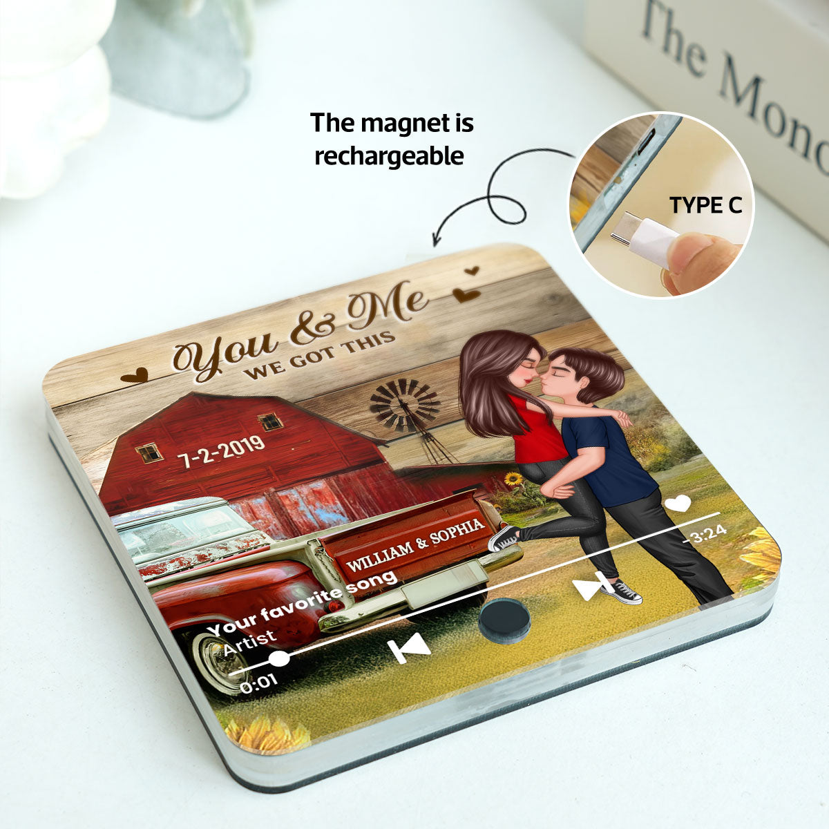 Couple Hugging Kissing Vintage Truck Farmhouse Personalized Music Fridge Magnet, Anniversary  Gift For Him, For Her