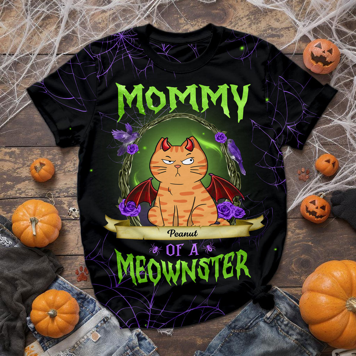 Halloween Purple And Green Theme Mommy Of The Monsters Cats Personalized 3D Shirt