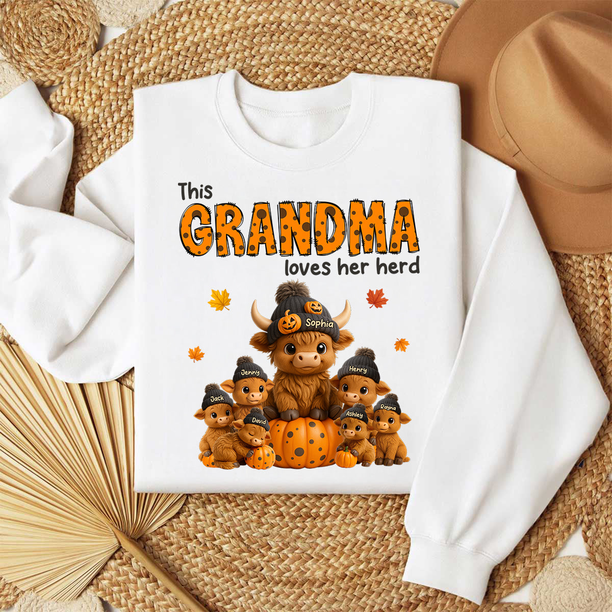 This Mama Loves Her Herd Cute Highland Cow Pumpkin Personalized Sweatshirt, Fall Sweatshirt for Mom Grandma