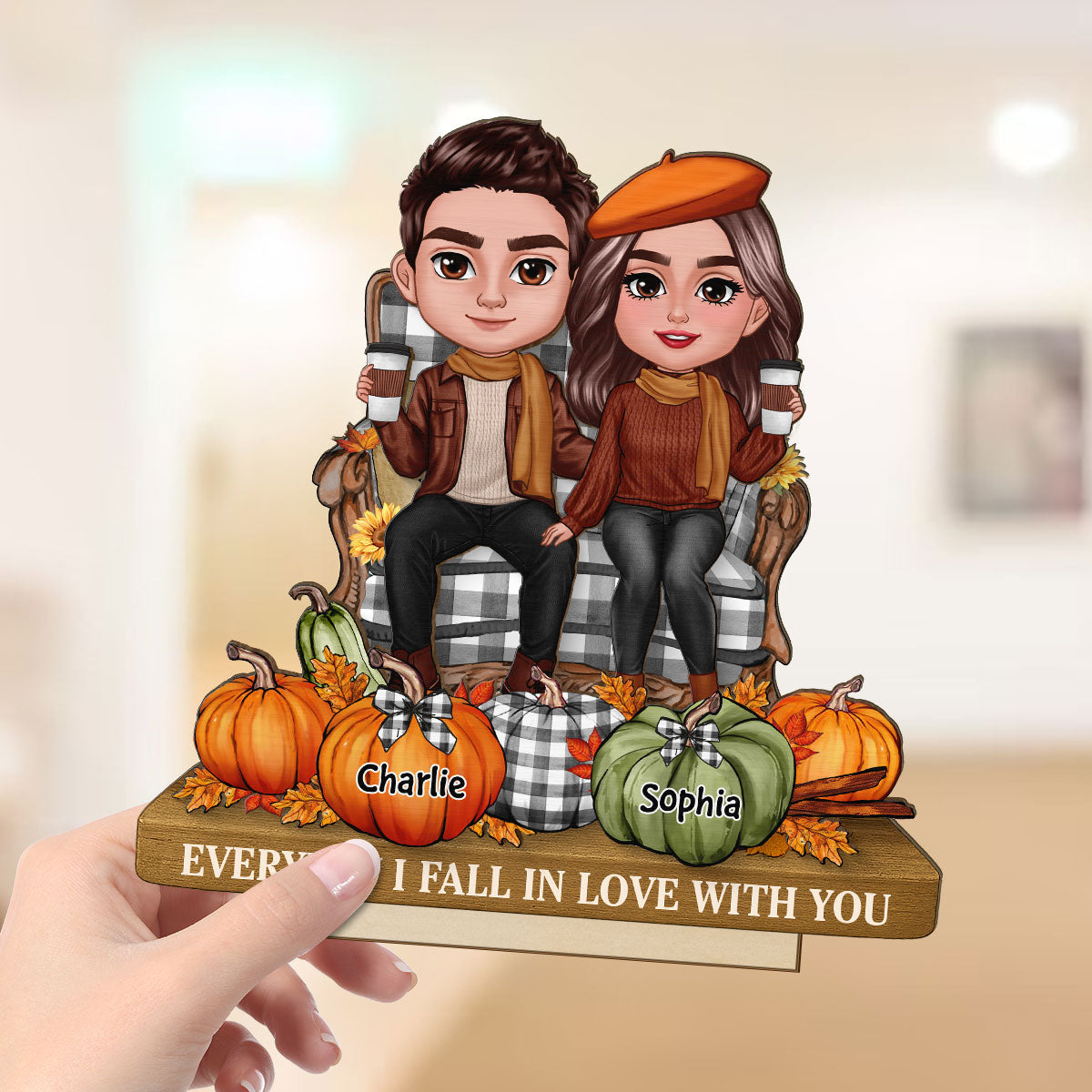 3D Effect Fall Season Couple Sitting Pumpkins Personalized 2-Layer Standing Wooden Plaque